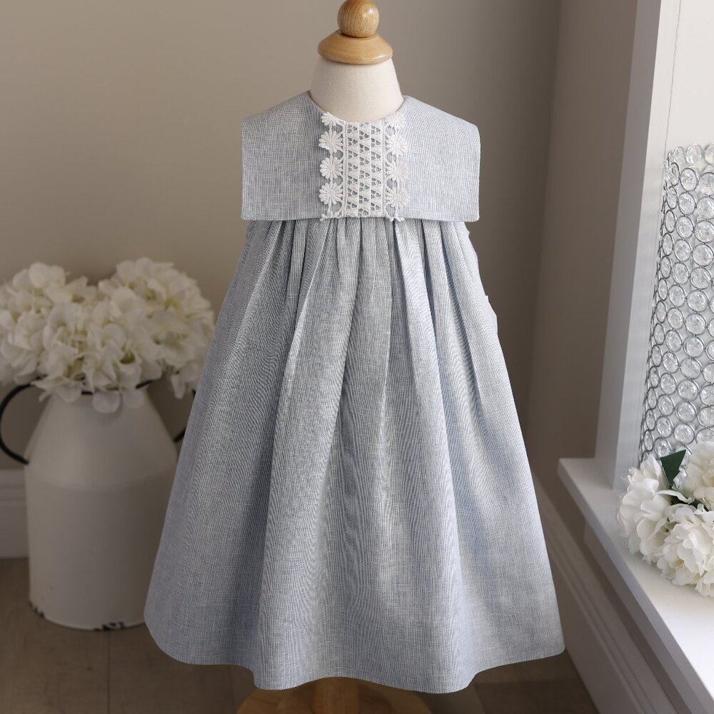 Blue Linen Float Dress Crocheted Lace Square Bib Collar Bailey Boys Boutique  2T